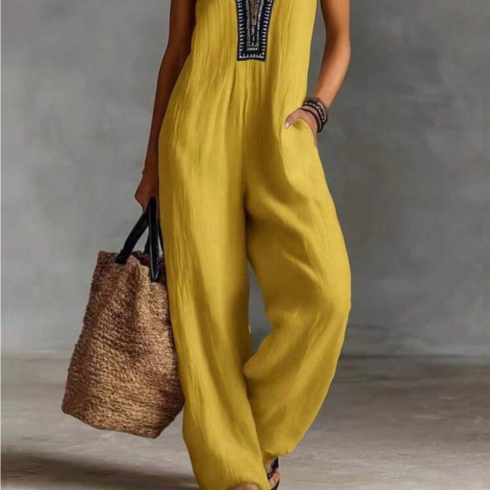 Women's Mustard Wide-Leg Sleeveless Jumpsuit